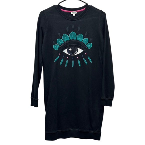 KENZO Paris Embroidered Eye Logo Black Sweatshirt Dress Long Sleeve Size XS - Picture 1 of 5